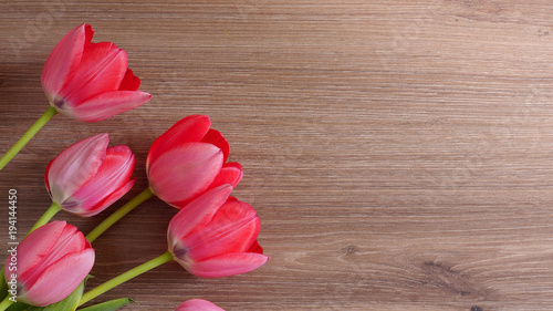 Fototapeta Naklejka Na Ścianę i Meble -  Bouquet of tulips on a wooden background. Congratulatory background with tulips. Copy space.