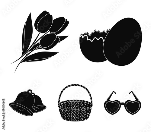 Chocolate egg, bells, basket and flowers.Easter set collection icons in black style vector symbol stock illustration web.
