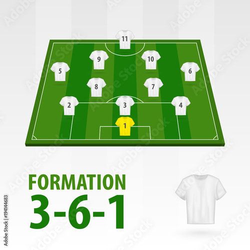 Football players lineups, formation 3-6-1. Soccer half stadium.