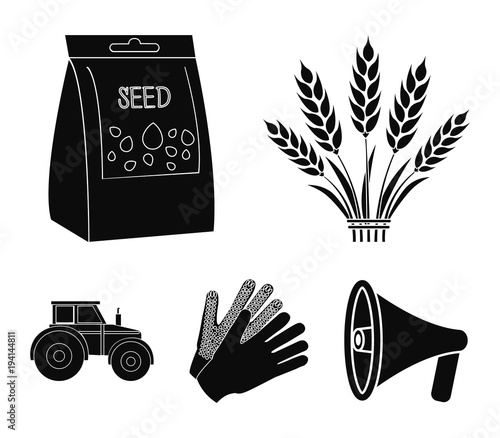 Spikelets of wheat, a packet of seeds, a tractor, gloves.Farm set collection icons in black style vector symbol stock illustration web.