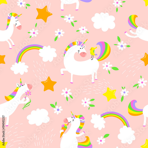 Magic unicorns background. Seamless pattern with mystical horse with corn and stars and rainbow