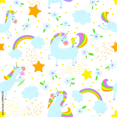 Magic unicorns background. Seamless pattern with mystical horse with corn and stars and rainbow