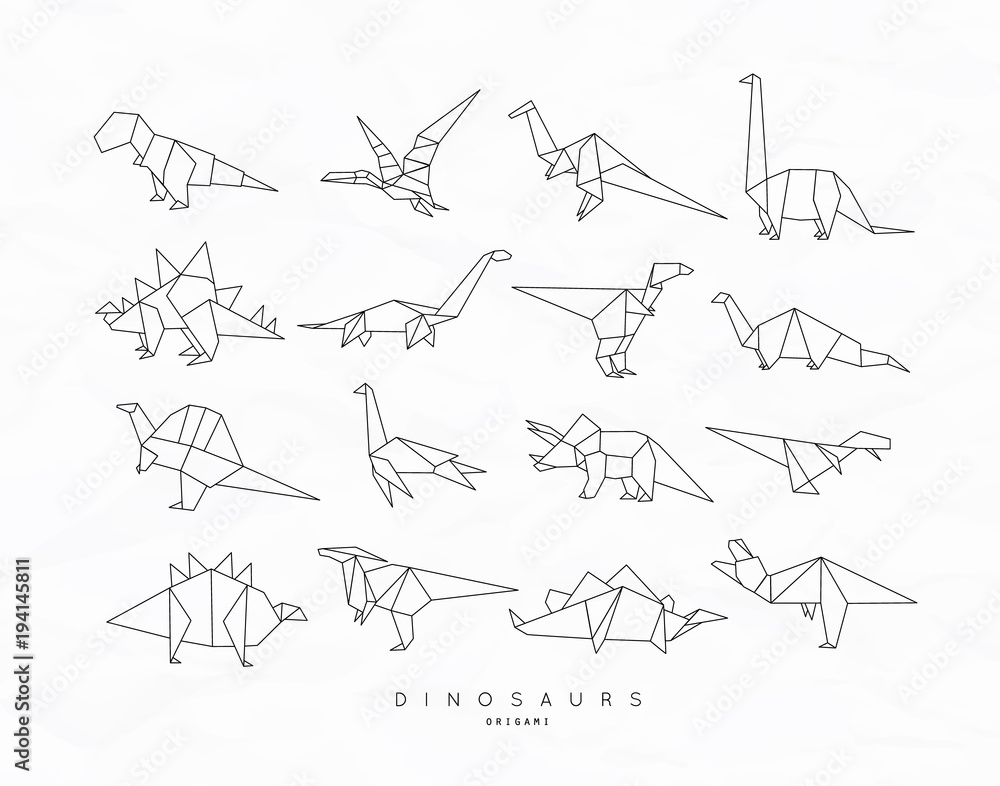 Dinosaurus origami set flat - obrazy, fototapety, plakaty 