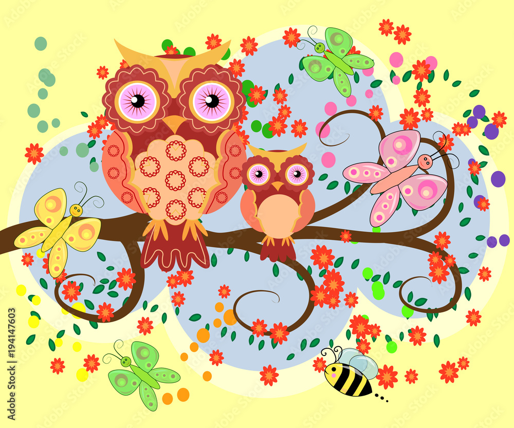 Obraz premium A happy family of owls on flowering tree branches, moms and children. Spring, summer, care. Mothers Day