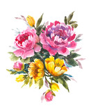 Decorative bouquet with blooming pink peonies. Watercolor background