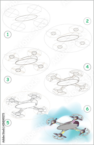 Page shows how to learn step by step to draw a drone. Developing children skills for drawing and coloring. Vector image.