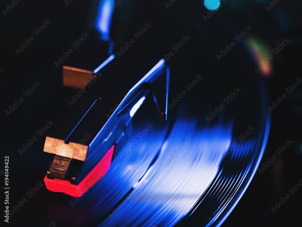 Cinemagraph, retro record vinyl player. Record on turntable. Top view