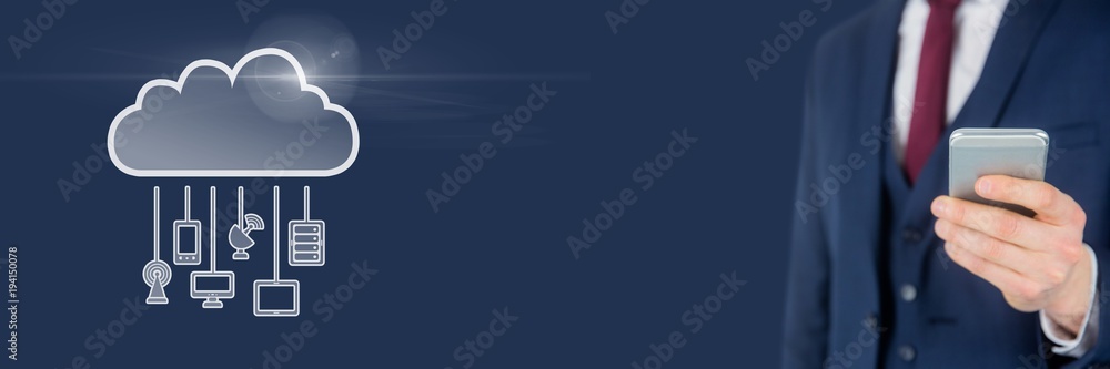 Hand holding phone with cloud icon and hanging connection Hand holding phone with cloud icon and hanging connection
