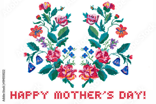 Card Happy Mother's Day. Embroidered bouquet of flowers isolated on white background
