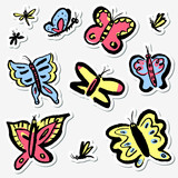 Stickers set with cute butterflies. Collection with funny insects in doodle sketchy style.