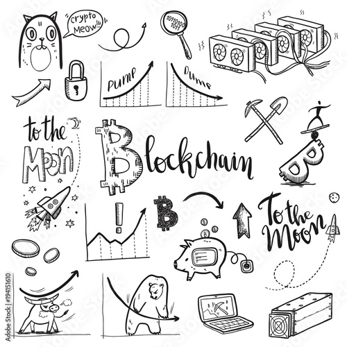 Crypto-currency doodle set. Vector illustration.