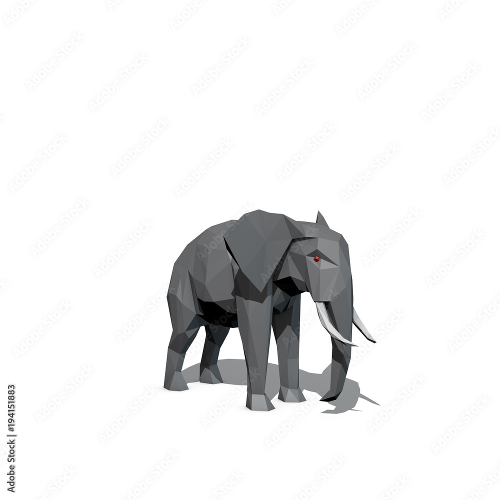 Fototapeta premium Polygonal elephant. Isolated on white background. 3D rendering illustration.