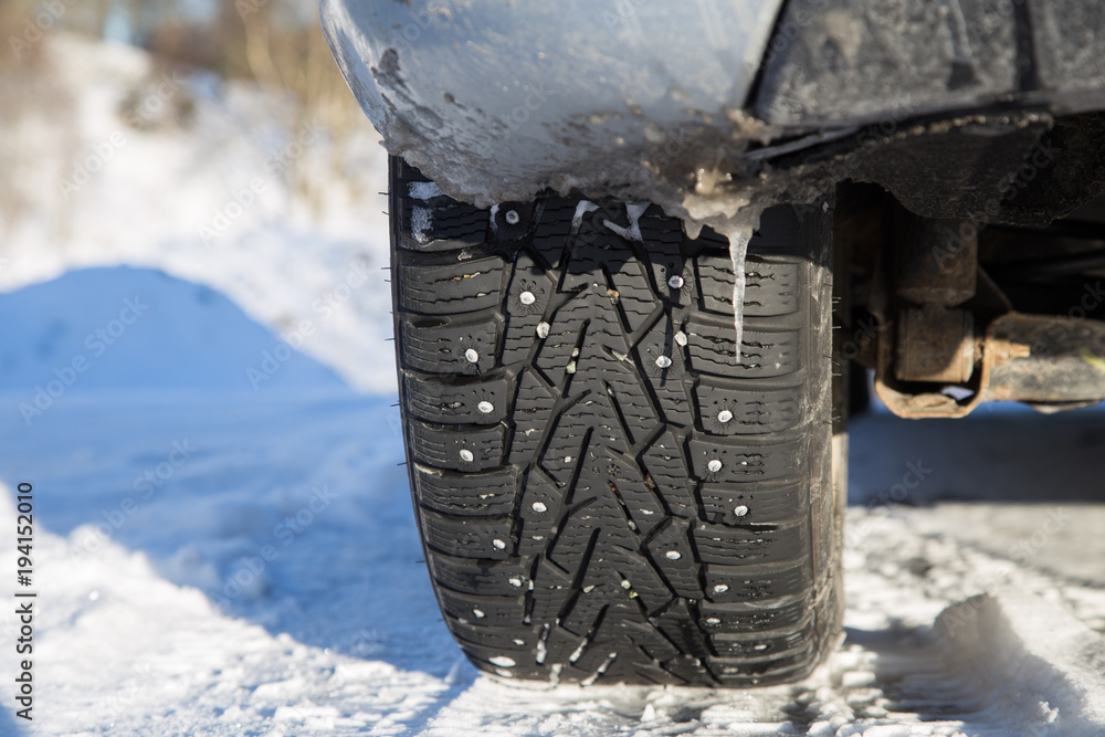 Winter tire with spikes, Winter tire with metal studdet.