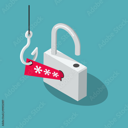 Phishing Scam vector symbol with padlock, red security password and fishing hook isolated on blue background. Flat design, easy to use for your website or presentation.