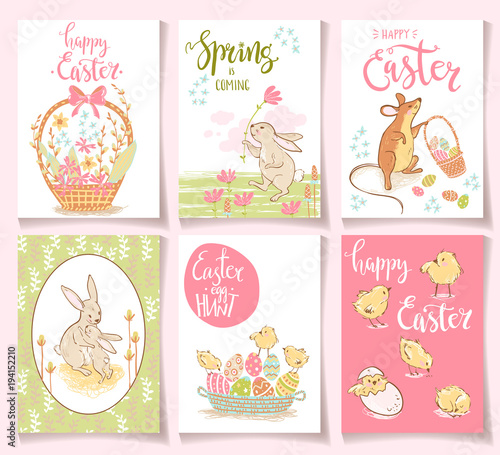 Collection of cute Easter cards. Vector illustration.