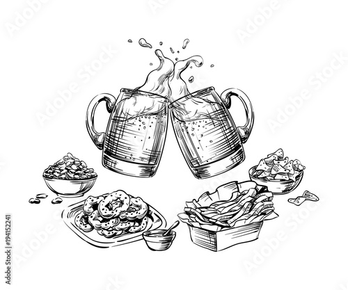 Composition of drinks and snacks. Set of food. Two Beer mugs, glasses, pint with a foam splash clinking. Hand drawing graphic Sketch for Oktoberfest or menu the restaurant, pub, bistro, bar. Vector