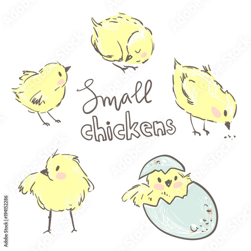 Little yellow chickens. Set of cute characters.