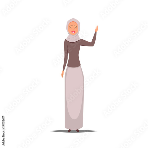 Cartoon business arab woman character with hijab. Smiling girl in hijab with a raised hand welcomes. Young Arabic business woman wearing hijab.Vector illustration isolated from white
