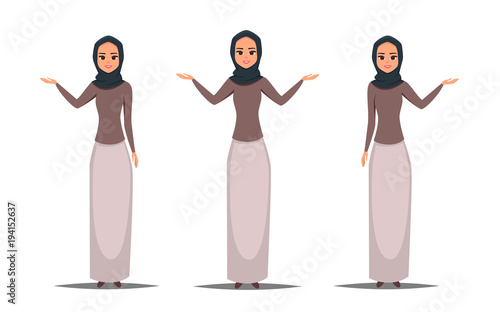 Set of Cartoon business arab woman character with hijab. Smiling girl in hijab presenting something with two hands. Young Arabic business woman wearing hijab.Vector illustration isolated from white