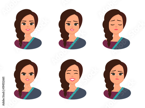 Set facial expressions of Young Indian business woman wearing traditional Indian costume. Indian  Woman Face Covered with national costume. Vector illustration isolated from white background