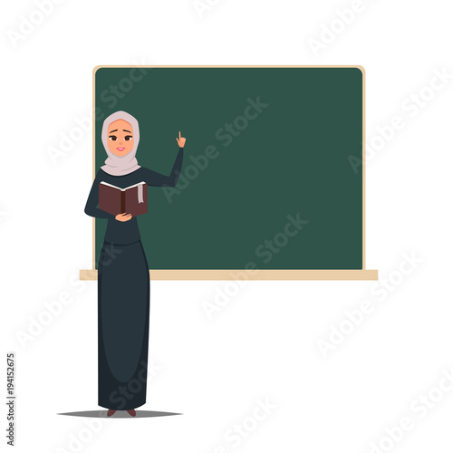 Vector Arab female teacher near blackboard with book in hand. Vector portrait of cute brunette arab woman reading book.Student learning illustration. Arab girl with her hand up as asign of attention