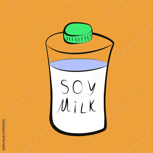 Vector illustration in doodle style. Bottle with vegan soy milk, isolated illustration on orange background. Can be used for restaurant menus, site design, etc.