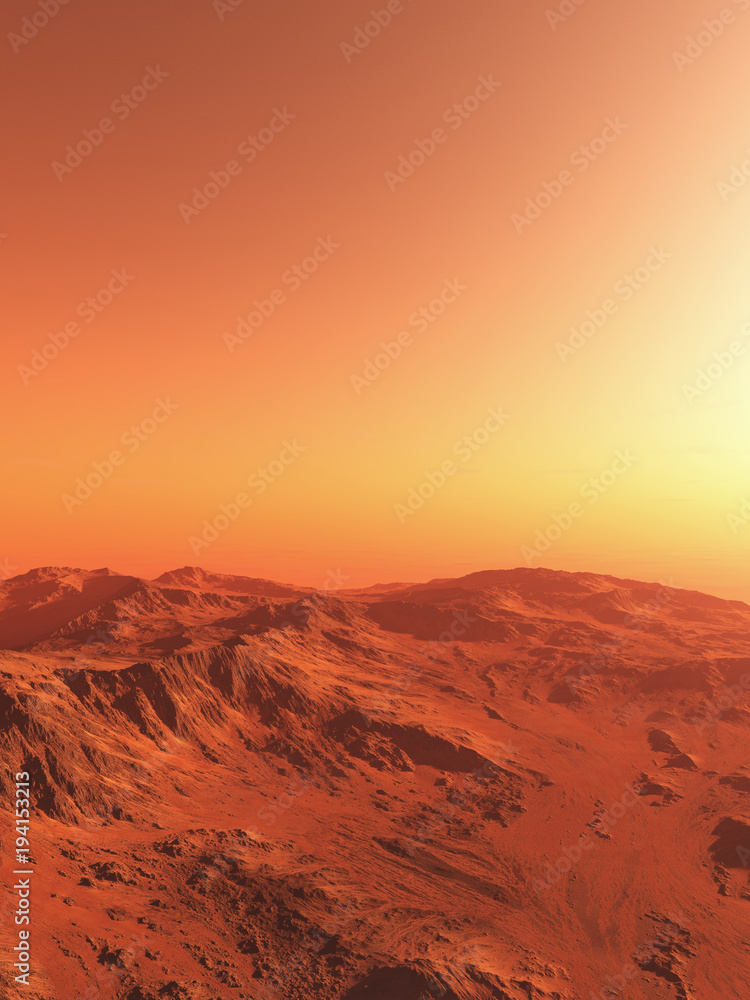 Science fiction illustration of an imaginary Martian landscape