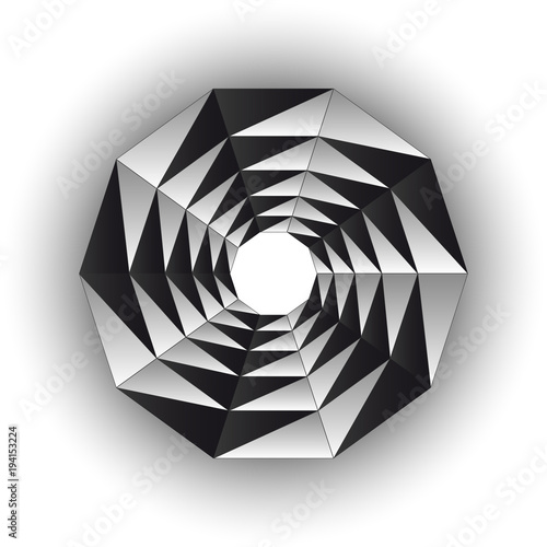 Inside triangular black white twisting form isolated on white. Vector background.