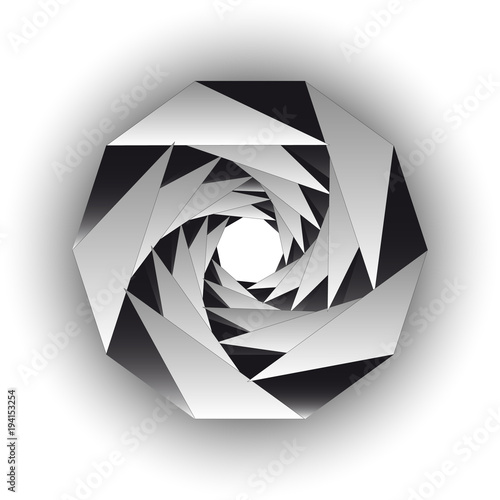 Inside triangular black white twisting form isolated. Vector background.