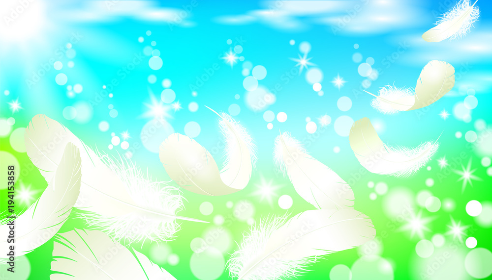 Realistic bright sunny spring landscape green grass blue sky light background white swan bird feather flying. 3d template promotional summer nature seasonal sale poster vector illustration