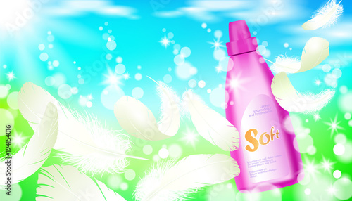 Realistic fabric softener spring landscape green grass blue sky light background white feather. 3d template mock up laundry household detergent branding luxury cosmetic product vector illustration