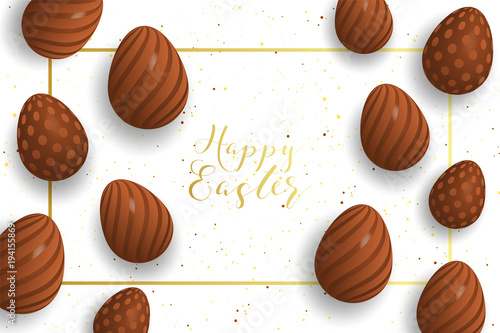 Happy Easter greeting card with chocolate eggs. Easter layout design template, card, menu, flyer, banner, poster. Egg hunt.