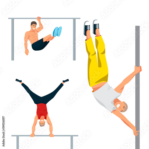 Horizontal bar chin-up strong athlete man gym exercise street workout tricks muscular fitness sport pulling up character vector illustration.