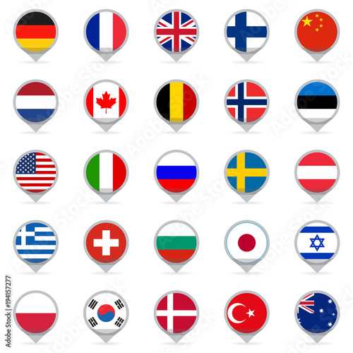 Flag icon set. Map pointers or markers with flags of USA, UK, Holland, Germany, Italy, Canada, France, Russia, China, Finland, Norway, Sweden, Australia, Israel, Japan, Switzerland, Korea. Vector.