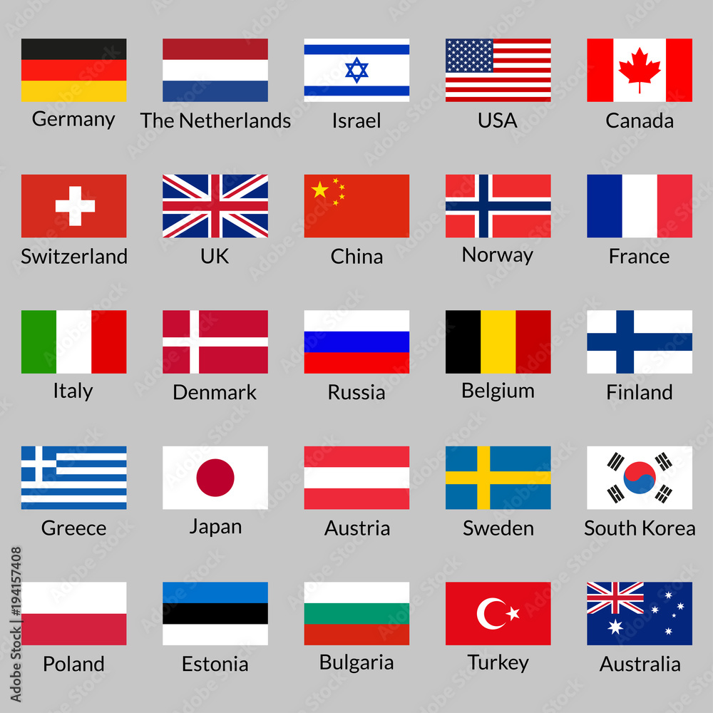 Flag icon set. National flags of USA, UK, Holland, Germany, Italy, France, Russia, China, Finland, Norway, Sweden, Australia, Israel, Japan, Switzerland, Korea, Belgium, Finland. Vector. Vector | Adobe Stock