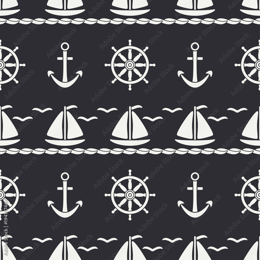 Flat line monochrome vector seamless pattern ocean boat, sail, steering wheel, anchor. Cartoon retro style. Regatta. Seagull. Summer vacation. Yacht. Illustration and element for your design wallpaper