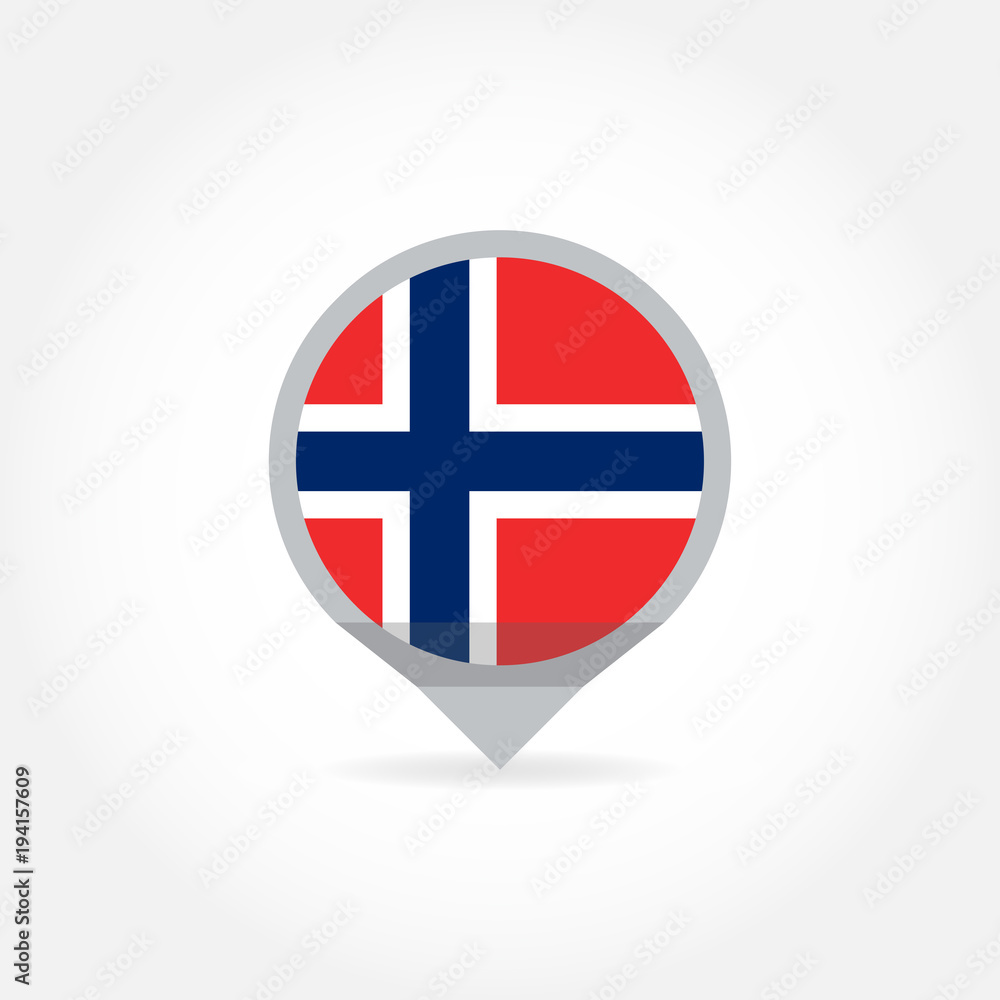 Flag of Norway icon in shape of map pointer or marker. Norwegian national symbol. Vector illustration. Flag of Norway icon in shape of map pointer or marker. Norwegian national symbol. Vector illustration.