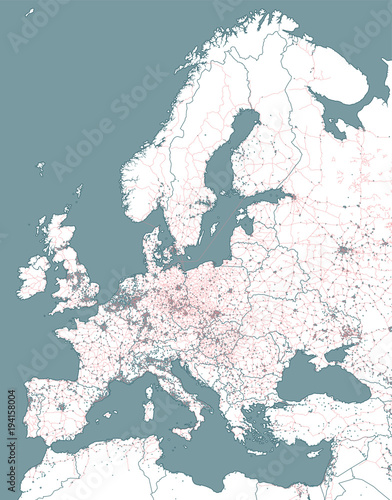 Cartina ferroviaria e politica dell’Europa e nord Africa. Città europee. Cartina politica con confine degli stati. Aree urbane. Linea ferroviaria