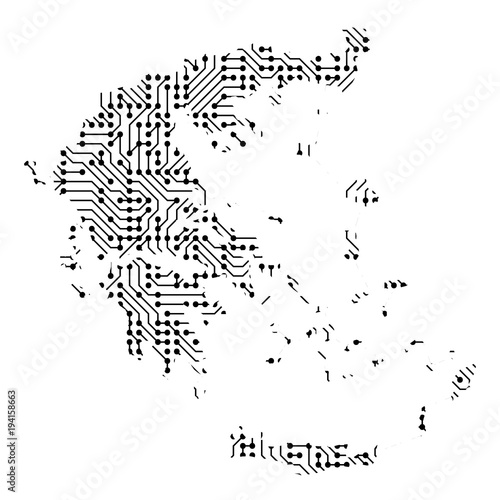 Abstract schematic map of Greece from the black printed board, chip and radio component of vector illustration