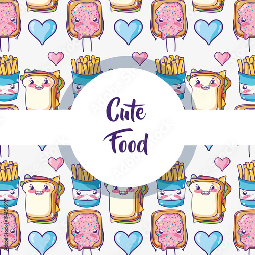 Cute food pattern background kawaii cartoons