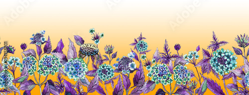 Colorful summer wide banner. Beautiful lantana flowers with purple leaves on orange background. Horizontal template. Seamless panoramic floral pattern. Watercolor painting.