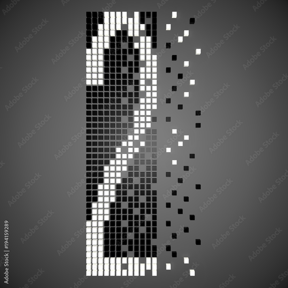 3D neon number destroyed on the pixels on a gray background. 3D rendering.