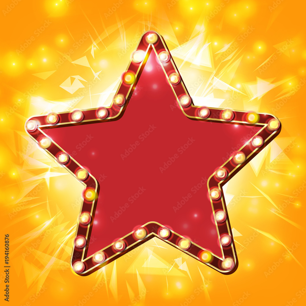 Star Frame Vector. Golden Star Shape With Lights. Award Ceremony, Event Concept. Shine Lamp
