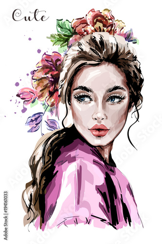 Hand drawn beautiful young woman portrait. Fashion woman. Cute girl with flowers. Sketch.