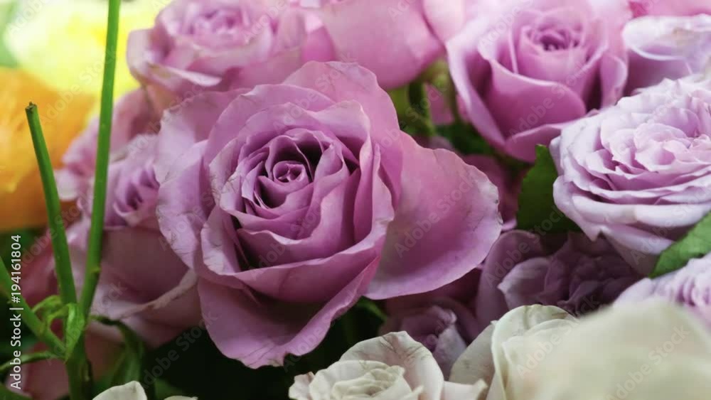 Close-up shot of a large bouquet of bright fresh lilac roses in a flower shop. 4K Close-up shot of a large bouquet of bright fresh lilac roses in a flower shop. 4K