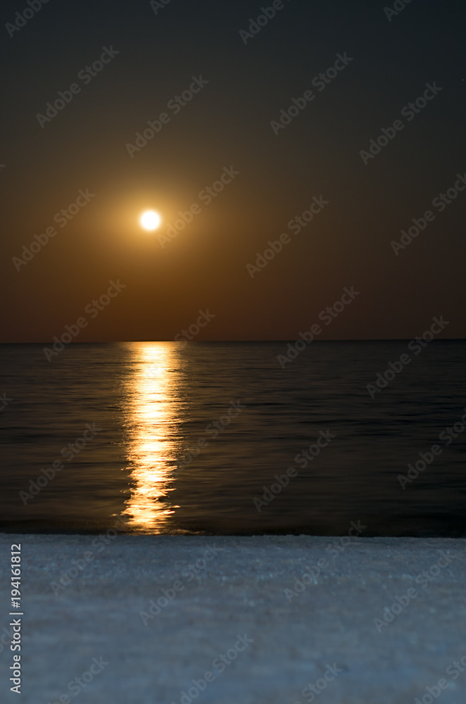 lunar reflection on the sea, full moon, beach shore at night. Vertical composition