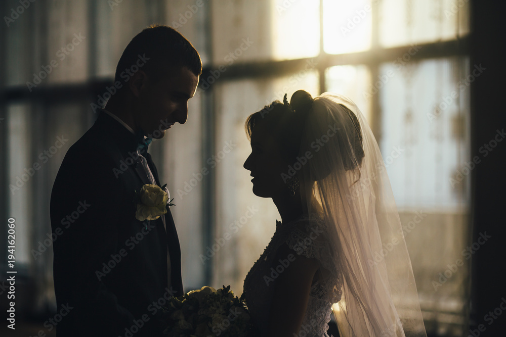 Cheerful bride and groom stand in the light of morning sun in a hall