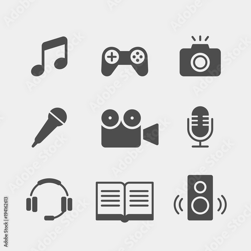 Media flat vector icons set. Multimedia flat vector icons set. Note, music, games, joystick, camera, video recorder, microphone, headphones, e-book, music column flat vector icons