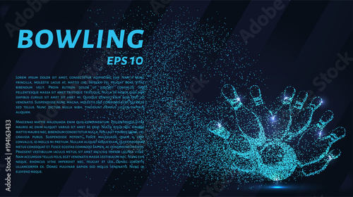 Bowling from the particles. Skittles and ball are composed of circles and dots. Vector illustration.