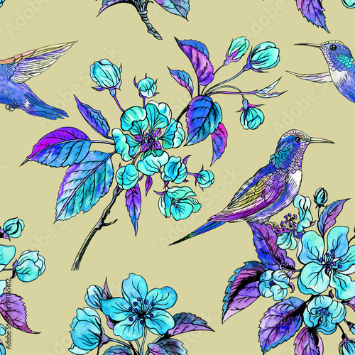 Seamless pattern from apple blossoms and birds, hand drawing.